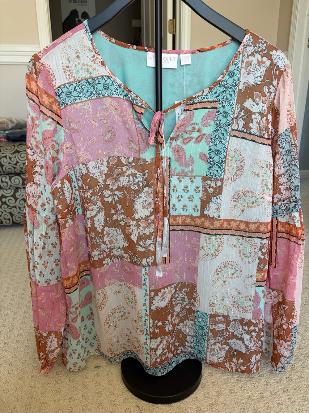 Belle by Kim Gravel Patchwork Tie-Front Blouse - Mint, Pink & Brown